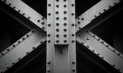 Poster - Close-Up Abstract View of Steel Structure with Rivets and Cross Beams in Industrial Urban Environment Captured in Dark Tones