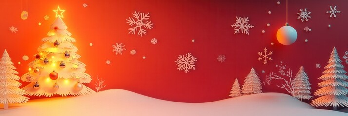 Aufkleber - Bright Christmas paper cutout with glowing tree and festive decorations on a cozy winter background Generative AI