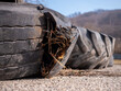 © Marek - A severely damaged tire with a large tear, exposing rusted inner wires. A tire in a landfill waiting to be recycled.