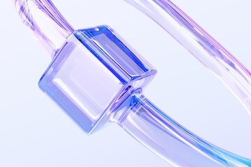 Poster - Abstract 3d macro background with glass holographic transparent circle connected to cube. Crystal render ring with iridescent diamond flare light, rainbow purple pink gradient texture. 3D illustration