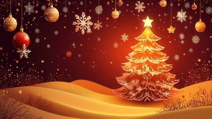 Aufkleber - Festive Christmas paper cutout with a glowing tree, ornaments, and snowflakes creates a warm holiday atmosphere Generative AI