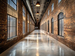 Wall Mural - long, polished concrete corridor in a brick building with large windows and industrial lighting.