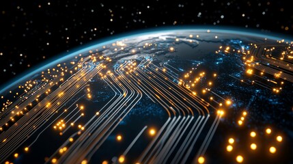 Poster - Exploring global connectivity through technology a stunning view of earth with data streams digital environment nighttime perspective