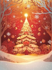 Aufkleber - Christmas themed paper cutout featuring a glowing tree with ornaments and snowflakes for a cozy holiday atmosphere Generative AI
