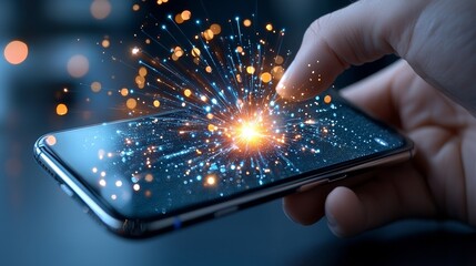 Poster - Dynamic interaction with technology hand engaging smartphone display modern setting digital art close-up viewpoint spark of innovation