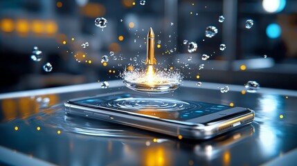 Poster - Dynamic water bullet splashes on smartphone tech showcase vibrant studio close-up perspective innovative conceptual imagery