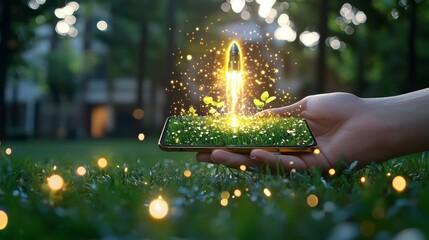 Poster - Emerging technology inspiration outdoor setting smartphone visualization vibrant greenery close-up perspective innovation concept for enhanced digital interaction