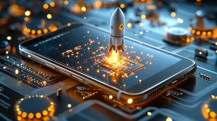 Poster - Rocket launching from smartphone digital innovation technology environment futuristic perspective creative concept for modern connectivity
