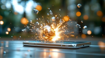 Poster - Dynamic explosive interaction of a sparkling orb and smartphone outdoor urban setting digital art modern environment close-up perspective futuristic concept