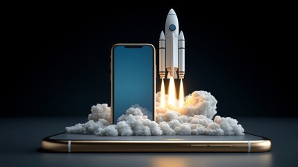 Poster - Launch of a futuristic smartphone with rocket takeoff digital innovation modern technology cloudy environment close-up view concept of progress