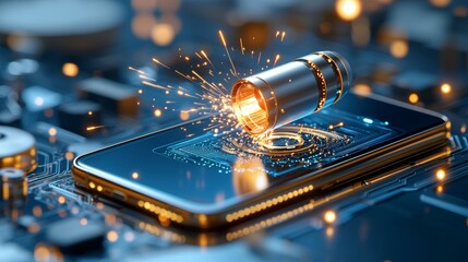 Poster - Explosive innovation smartphone technology ignited by sparks digital environment graphic display futuristic perspective illuminating concepts