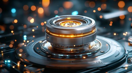 Poster - Futuristic metallic device with glowing elements digital space 3d render high-tech environment close-up view innovation concept for seo impact