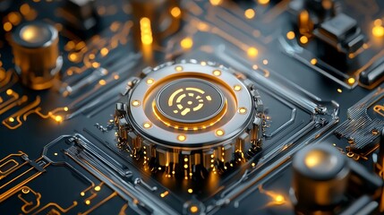 Poster - Digital circuitry innovation in a futuristic technology environment close-up view of a circuit board with illuminated components
