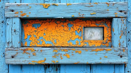 Poster - Blue wooden window with peeling paint highlighting the beauty of decay and rustic charm in design