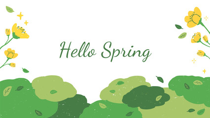 Wall Mural - Fresh green background frame of leaves and flowers, cute hand drawn illustration with texture / 葉と花の爽やかなグリーンの背景フレーム、テクスチャのあるかわいい手描きイラスト