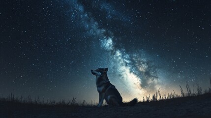 Wall Mural - lone dog silhouetted against a breathtaking milky way galaxy at night.