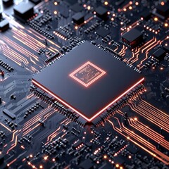 Poster - Intricate circuit board featuring a vibrant glowing chip surrounded by complex electronic layouts