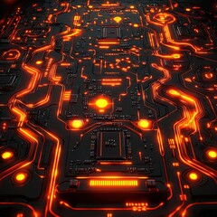 Poster - Advanced circuit board illuminated by striking orange lights showcasing electronic connectivity