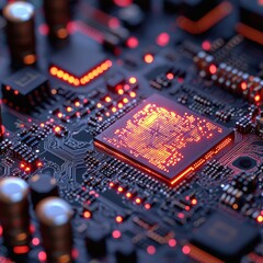 Poster - Circuit board with eye-catching red light displaying vital electronic activity and connectivity