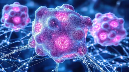 Poster - A magnified view of a cell featuring a vivid pink nucleus surrounded by cellular structures