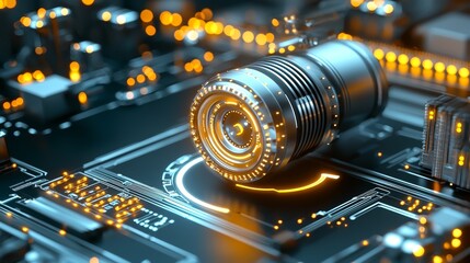 Poster - Advanced technology innovation showcasing a high-precision lens on a circuit board digital electronics display futuristic environment close-up perspective