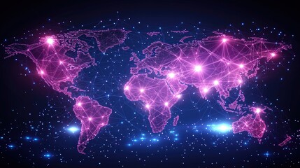 Poster - World map with glowing lights representing global connectivity and modern technology trends