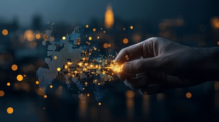 Poster - Innovative digital transformation global landscape visual data interaction urban nightscape close-up perspective future connectivity concept