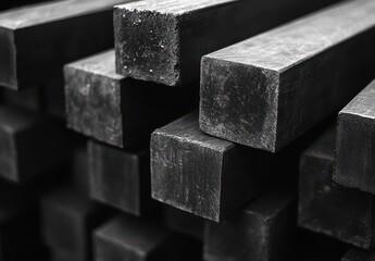 Poster - Close-Up of Black Square Metal Bars Stacked Together in Industrial Setting for Manufacturing and Construction Applications with Varying Textures and Finishes