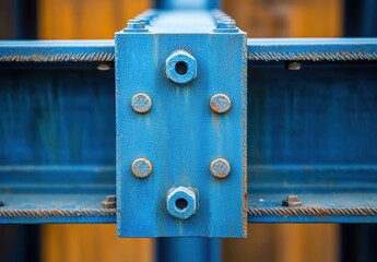 Poster - Close-Up of Blue Industrial Steel Beam with Nuts and Bolts Showing Structural Detail and Texture for Construction and Engineering Themes