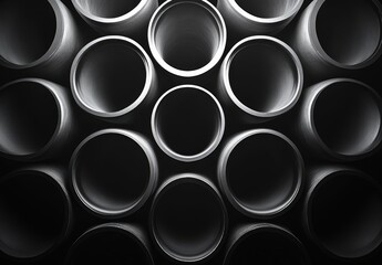 Poster - Close-Up of Circular Industrial Pipes Arranged in an Abstract Pattern Displaying Shadows and Highlights in a Dark Background