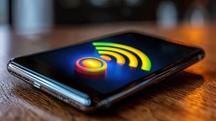 Poster - Close-up of a cell phone placed on a wooden table highlighting modern communication technology