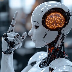 Poster - A futuristic robot holding a brain in its hand symbolizing advanced intelligence and technology