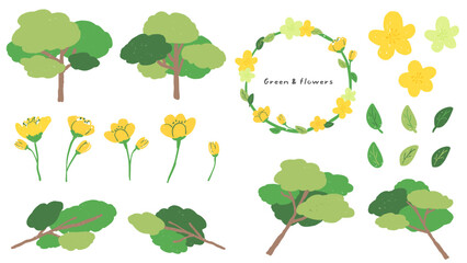 Wall Mural - Fresh green trees and leaves, cute hand drawn illustration set with textures / 新緑の爽やかな木と葉、テクスチャのあるかわいい手描きイラストセット
