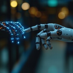Poster - A thoughtful interaction between a robot and a human in a futuristic setting emphasizing collaboration