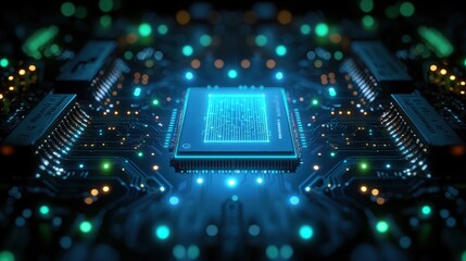Poster - Glowing circuit board with radiant lines of light illuminating its intricate electronic pathways