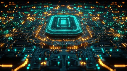 Poster - Luminous green glow radiating from a complex circuit board filled with intricate electronic elements