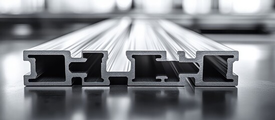 Poster - Close-Up of Industrial Aluminum Profile Extrusions on a Work Surface with Soft Focus Background, Highlighting Modern Fabrication Techniques