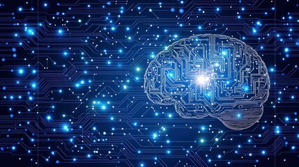 Poster - Conceptual image of a brain positioned on a circuit board representing the fusion of mind and tech