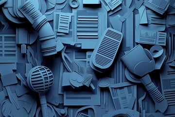 Poster - Modern paper art background featuring layered cut out silhouettes of news and communication elements for professional use Generative AI
