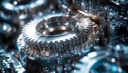 Poster - Close-Up of Intricate Metallic Gears with Reflective Surfaces and Detailed Engravings in a Futuristic Industrial Setting