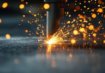 Poster - Close-Up of Metal Cutting Process with Sparks and Blurry Orange Sparkle in Dynamic Industrial Scene