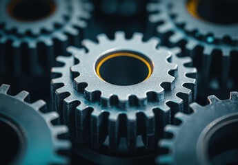 Poster - Close-up of metallic gears with intricate details showcasing precision engineering and mechanical design in a functional industrial setting