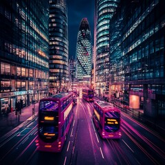Wall Mural - night scene of vibrant city street with double-decker buses and modern skyscrapers.