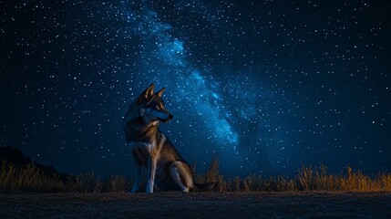 Wall Mural - a lone wolf sits under a breathtaking night sky, filled with stars and the milky way galaxy.