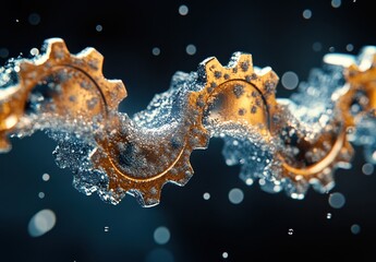 Poster - Close-Up of Rusty Gears with Water Droplets Creating an Industrial Aesthetic in Dark Background with Bokeh Effects for Stock Photo or Illustration Use