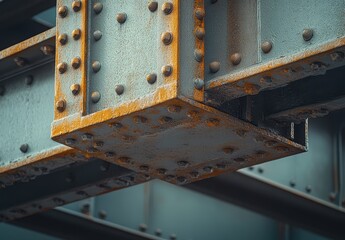 Poster - Close-up of Rusty Industrial Metal Structure with Rivets and Weathered Patina Under Bright Sunlight in an Urban Setting