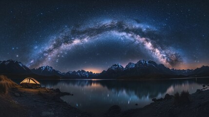 Wall Mural - milky way arch over serene lake and mountains with illuminated tent at night.