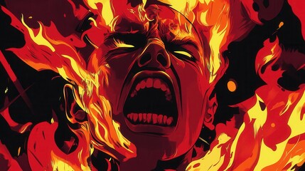 Poster - Intense illustration of an angry individual engulfed in flames with a fierce expression in bold red and black hues