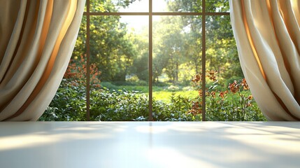 Poster - Elegant window framed by soft curtains with a beautiful view of a lush garden outside
