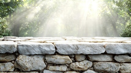 Poster - Charming stone wall bathed in soft light filtering through the trees creating a magical atmosphere